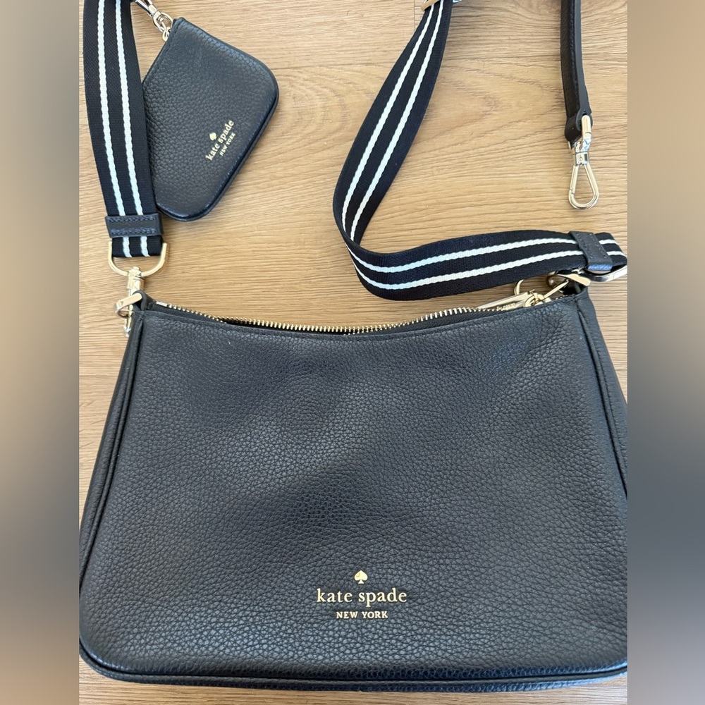 Kate Spade Black Pebbled Leather Crossbody Bag with Striped Strap and Coinpurse - Picture 2 of 7